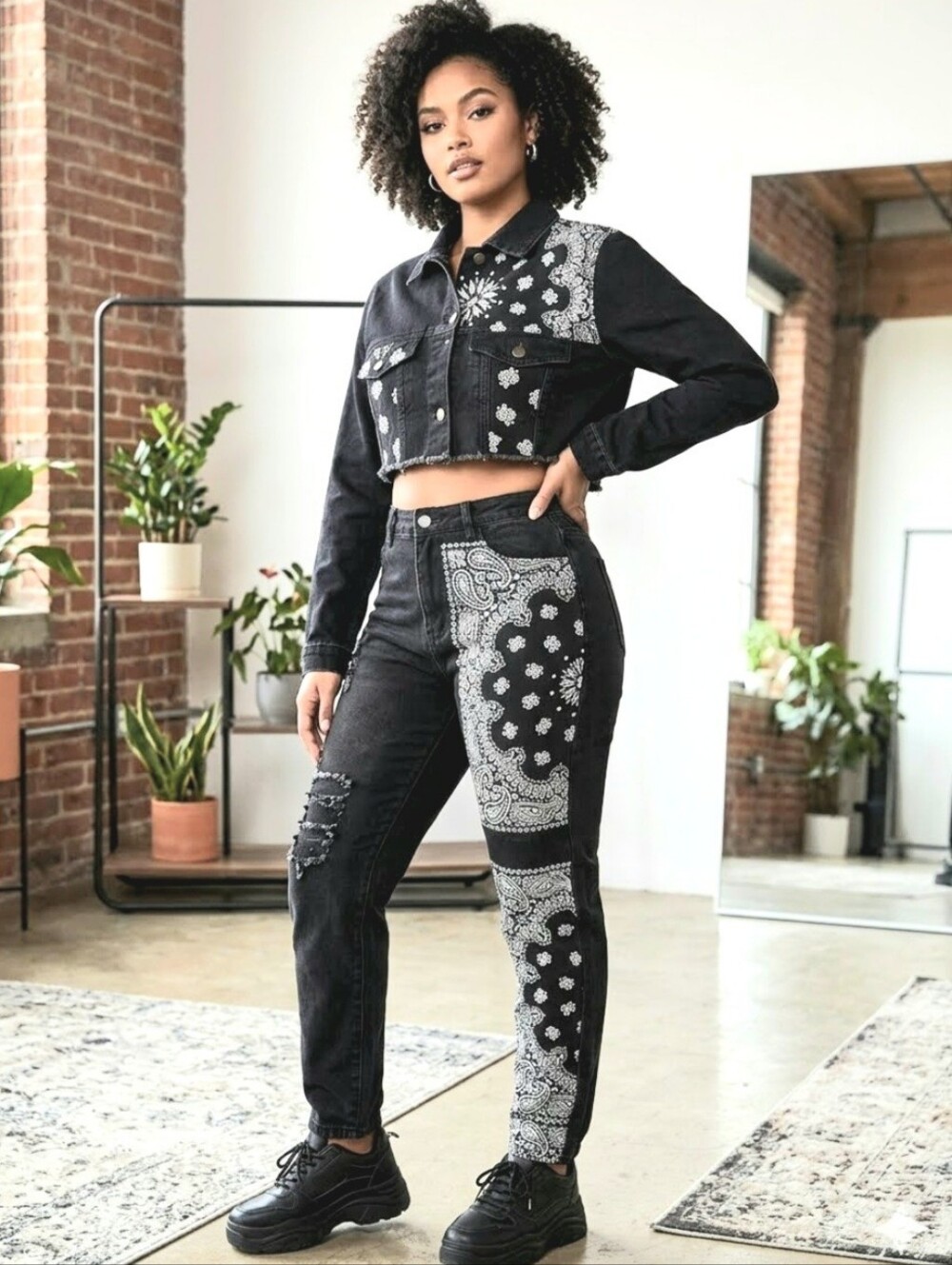 American Bazi Black Bandana Patchwork Denim Jacket & Jeans Set Size S